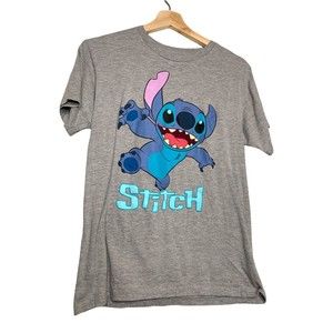 Disney Stitch Womens Graphic T-Shirt Gray Blue Heathered Short Sleeve Pullover S